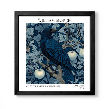 Square William Morris style blue botanical print with a dark raven, pale apples and berries