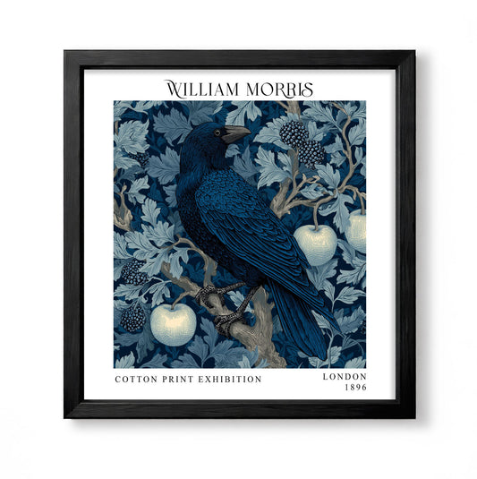 Square William Morris style blue botanical print with a dark raven, pale apples and berries