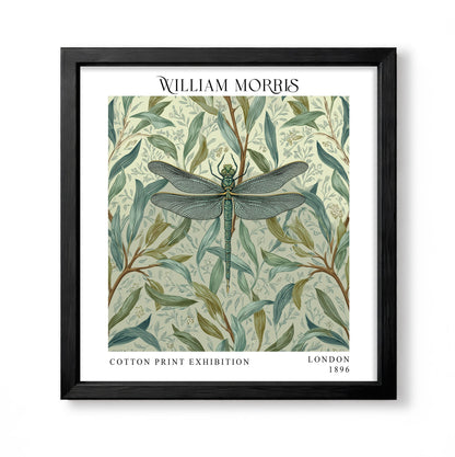 Square William Morris style pale botanical print with a dragonfly among sage green leaves and winding stems