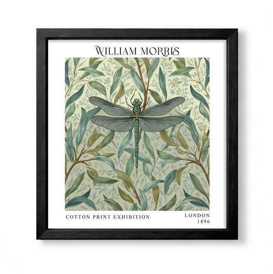 Square William Morris style pale botanical print with a dragonfly among sage green leaves and winding stems