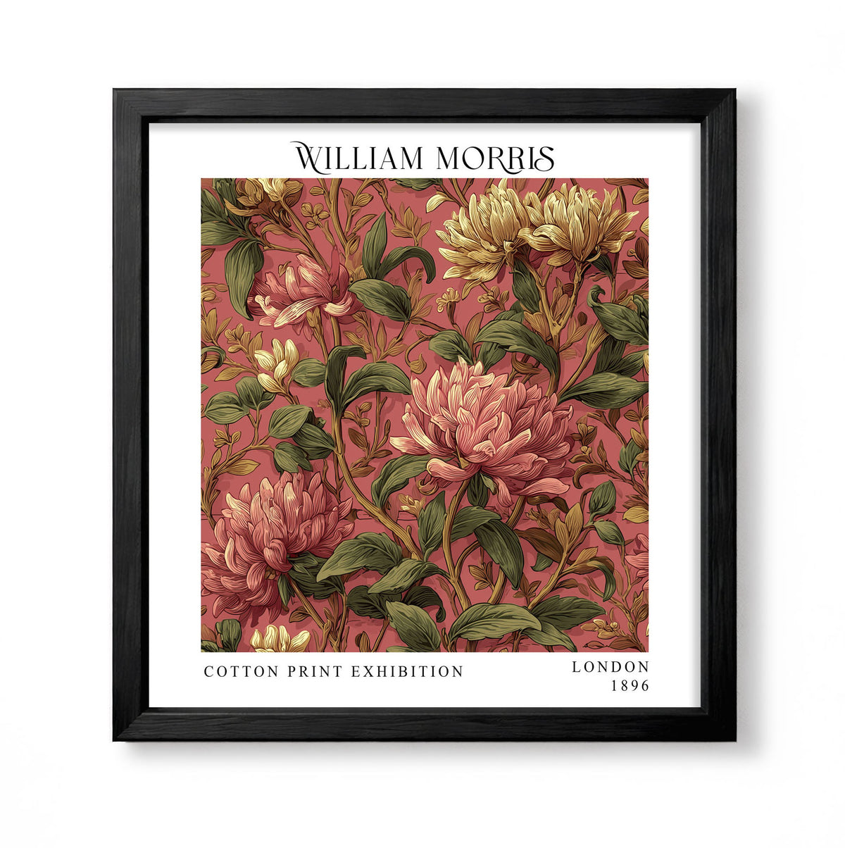 Square William Morris style botanical print with dense pink flowers and green foliage
