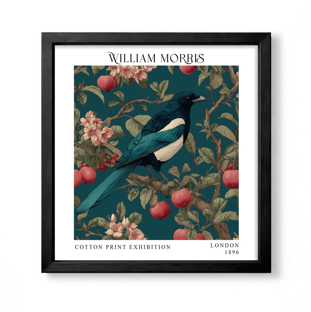 Square William Morris style botanical print with a blue bird among red apples, blossom and teal foliage