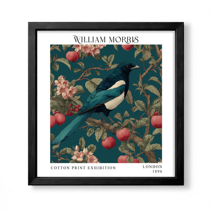 Square William Morris style botanical print with a blue bird among red apples, blossom and teal foliage