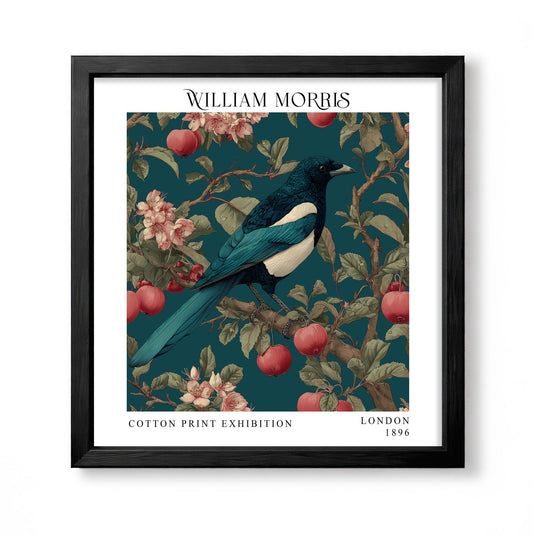 Square William Morris style botanical print with a blue bird among red apples, blossom and teal foliage