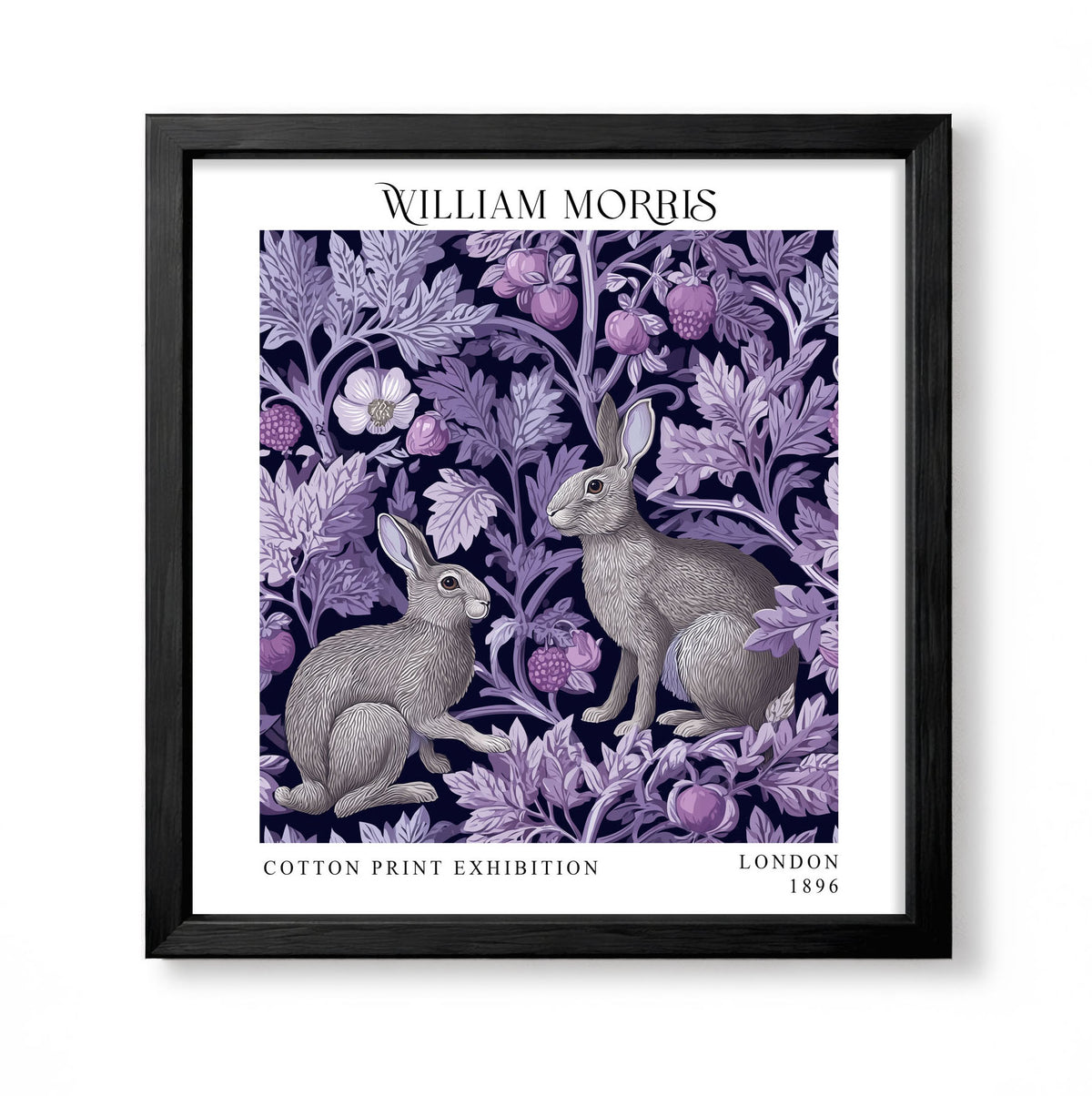 Square William Morris style botanical print with three rabbits among purple flowers and foliage