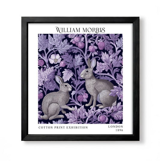 Square William Morris style botanical print with three rabbits among purple flowers and foliage
