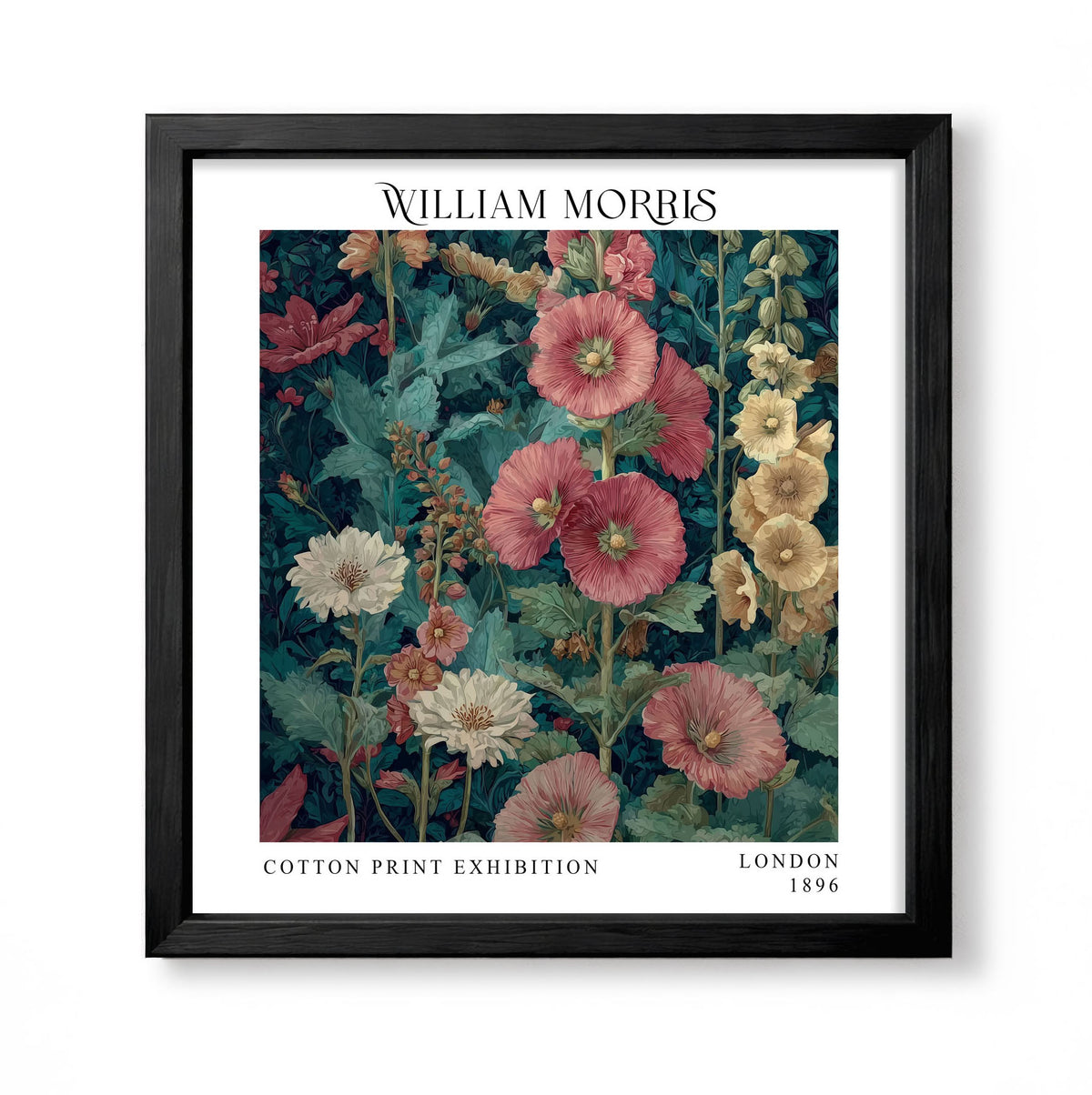 Square William Morris style botanical print with red, cream and golden flowers against dark teal foliage