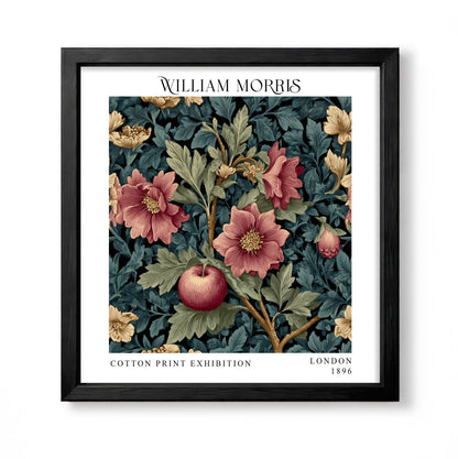 Square William Morris style botanical print with pink flowers, apple and layered teal foliage