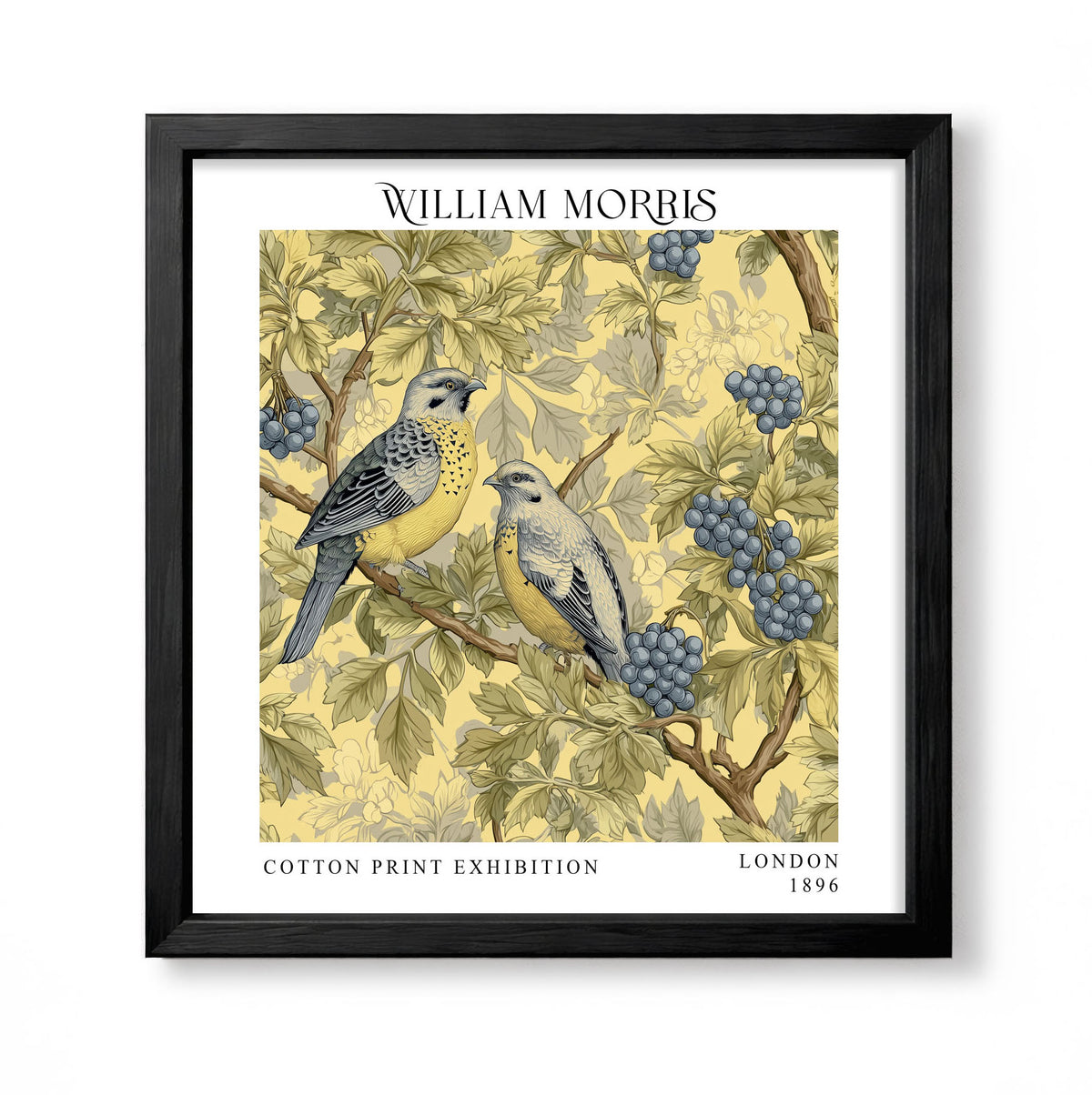 Square William Morris style botanical print with two birds, blue berries and leafy branches on a soft yellow background