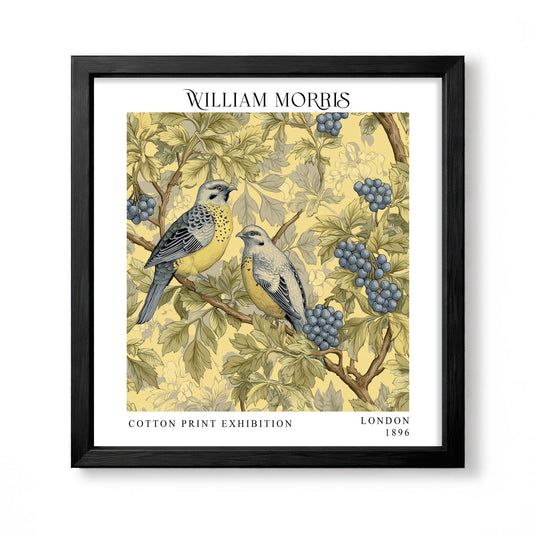 Square William Morris style botanical print with two birds, blue berries and leafy branches on a soft yellow background