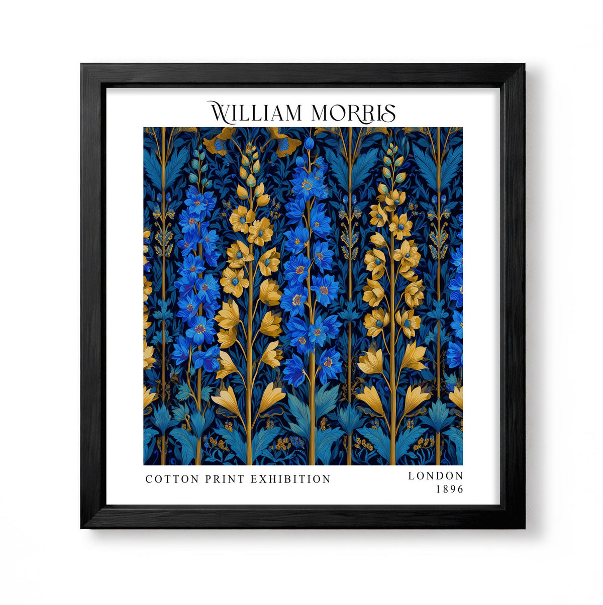 Square William Morris style floral print with vivid blue flowers, golden blooms and deep navy foliage