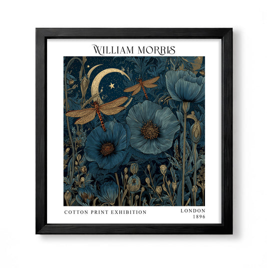 Square William Morris style dark botanical print with blue poppies, orange dragonflies, a crescent moon and stars