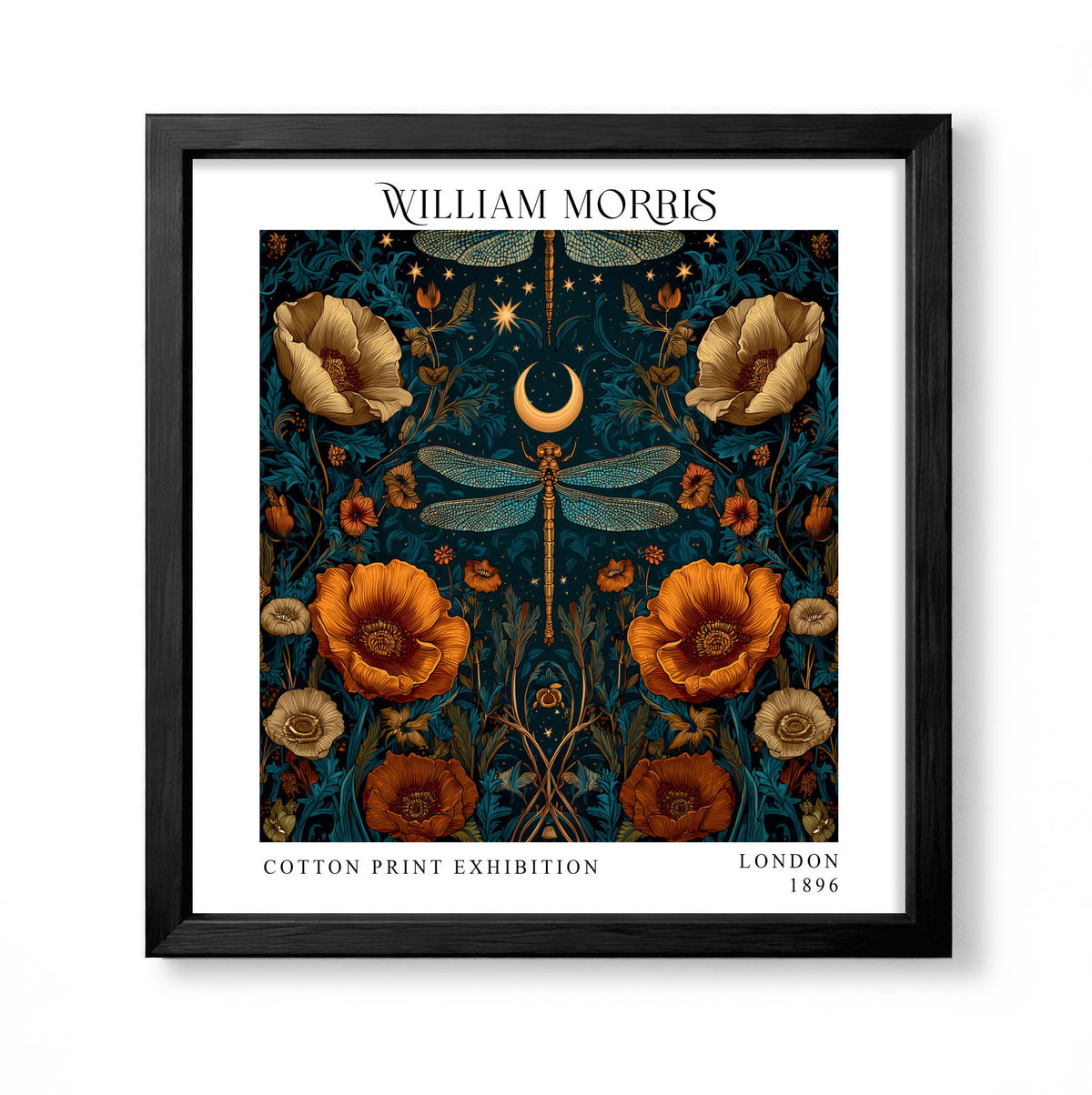 Square William Morris style celestial botanical print with dragonflies, orange poppies, crescent moon and stars on a dark teal background