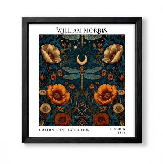 Square William Morris style celestial botanical print with dragonflies, orange poppies, crescent moon and stars on a dark teal background