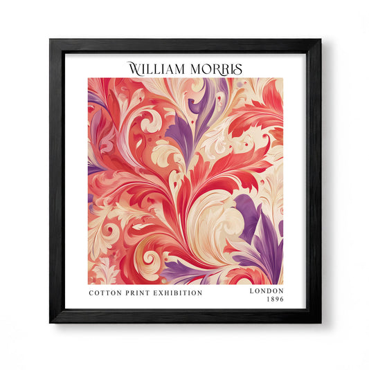 Square William Morris style decorative foliage print with coral red, purple and cream scrolling acanthus leaves