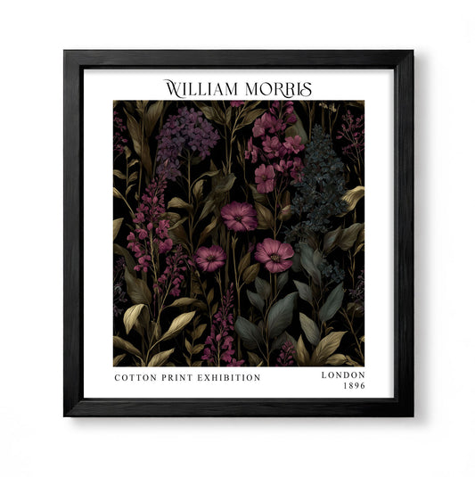 Square William Morris style dark botanical print with purple flowers and muted green foliage on black