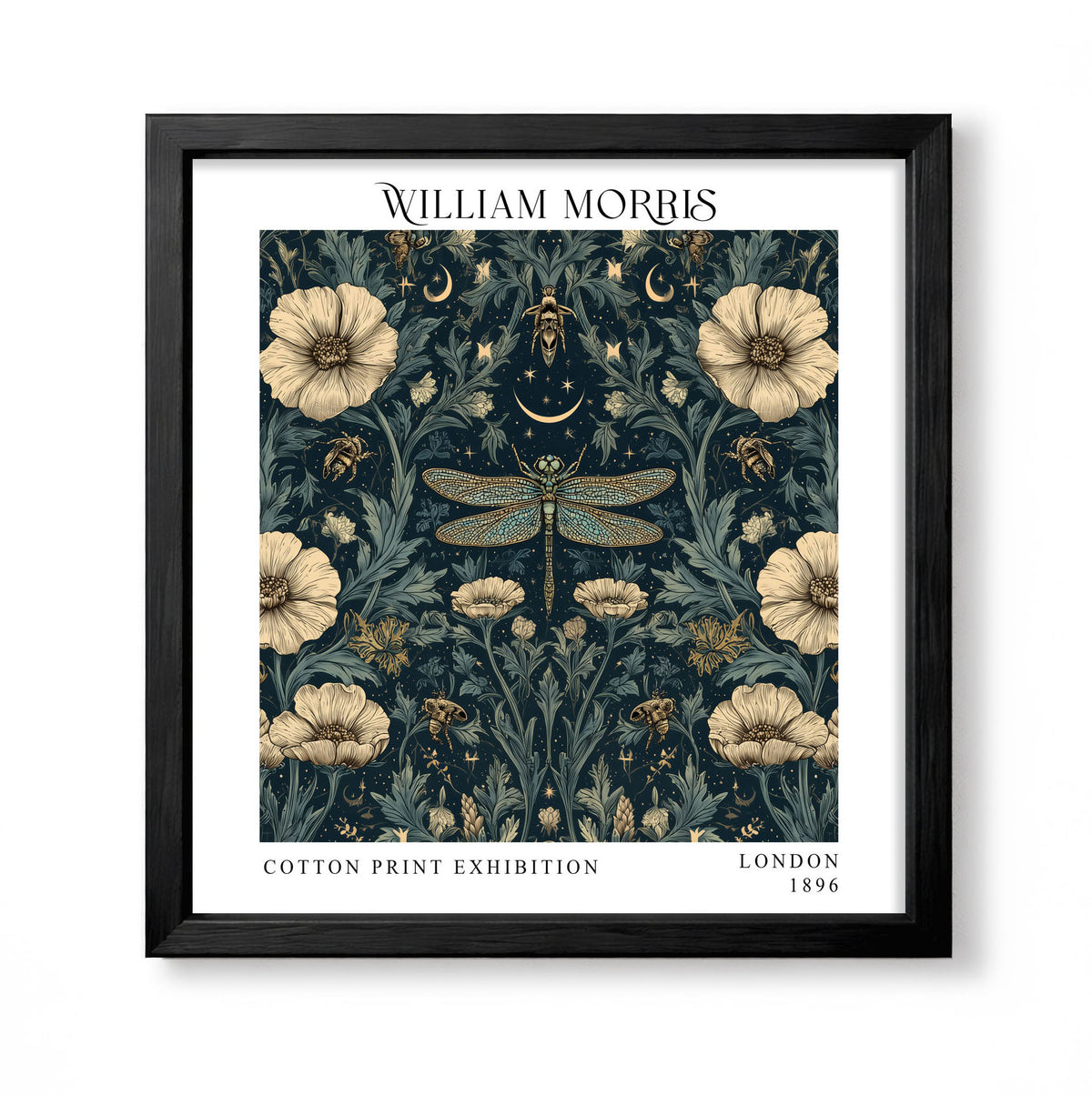 Square William Morris style celestial botanical print with a dragonfly, bees, cream flowers, crescent moons and stars