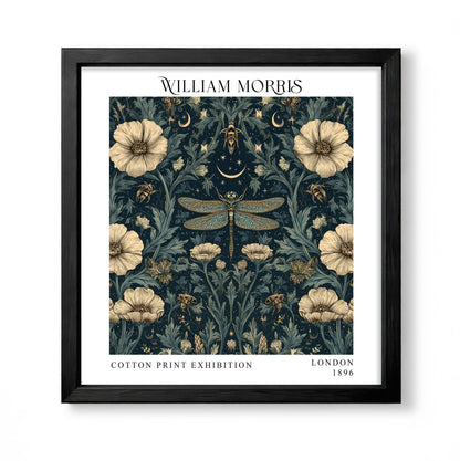 Square William Morris style celestial botanical print with a dragonfly, bees, cream flowers, crescent moons and stars
