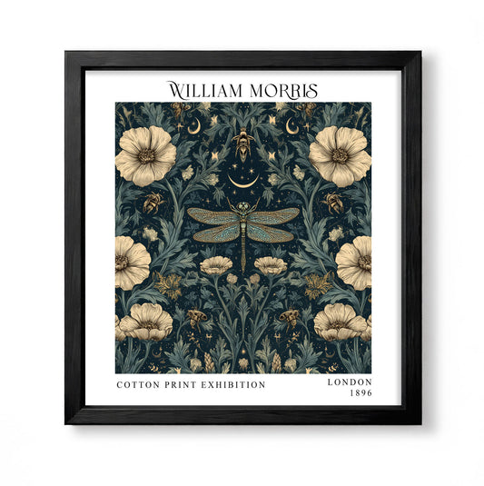 Square William Morris style celestial botanical print with a dragonfly, bees, cream flowers, crescent moons and stars