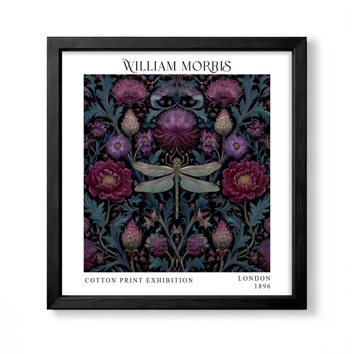 Square William Morris style dark botanical print with a dragonfly, purple thistle-like flowers and blue-green foliage