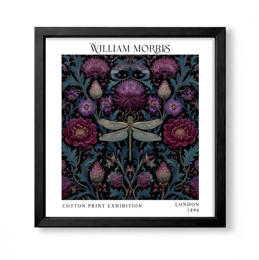 Square William Morris style dark botanical print with a dragonfly, purple thistle-like flowers and blue-green foliage