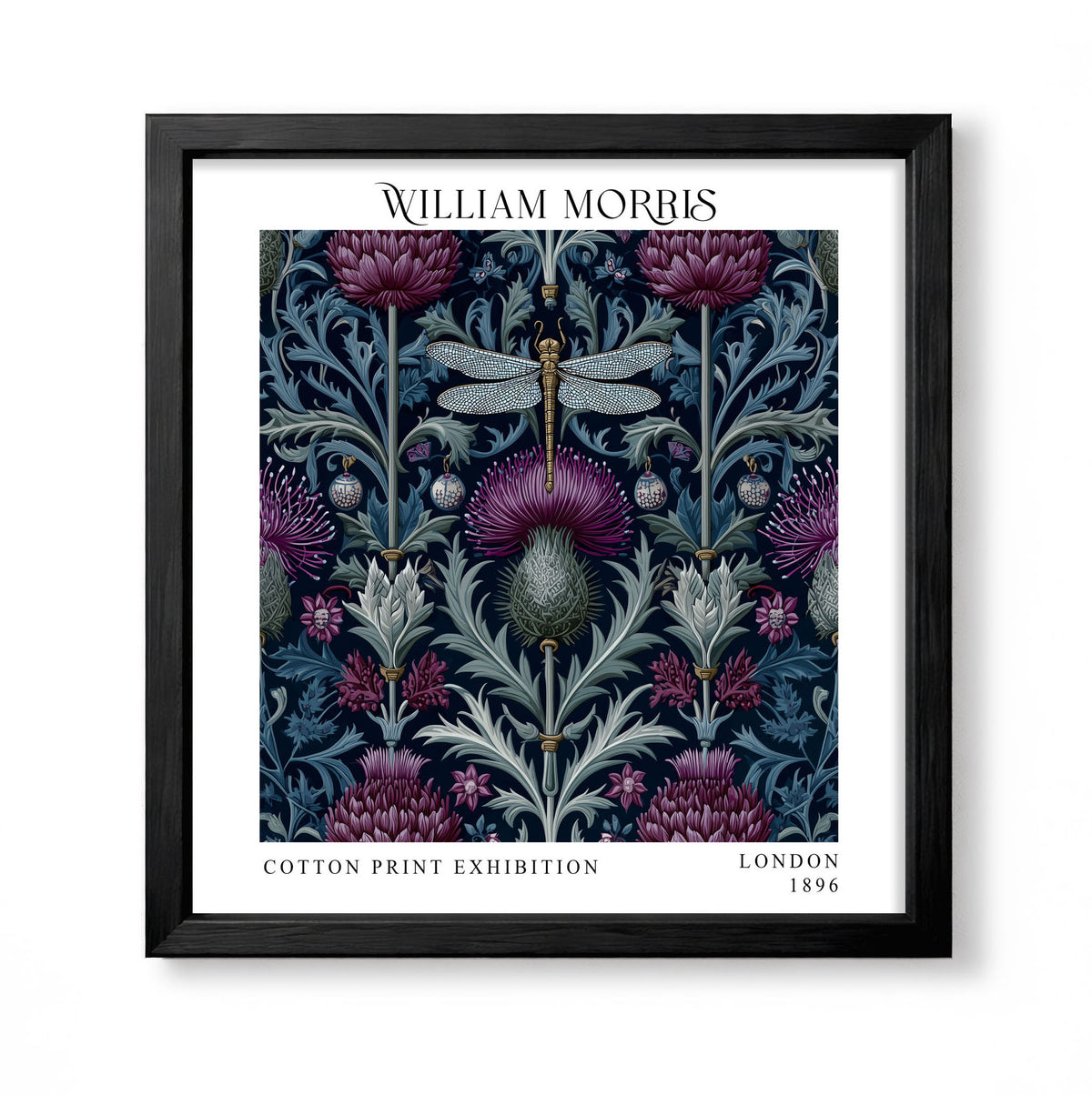 Square William Morris style botanical print with a central dragonfly, purple thistles and blue-green foliage on navy