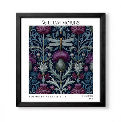 Square William Morris style botanical print with a central dragonfly, purple thistles and blue-green foliage on navy