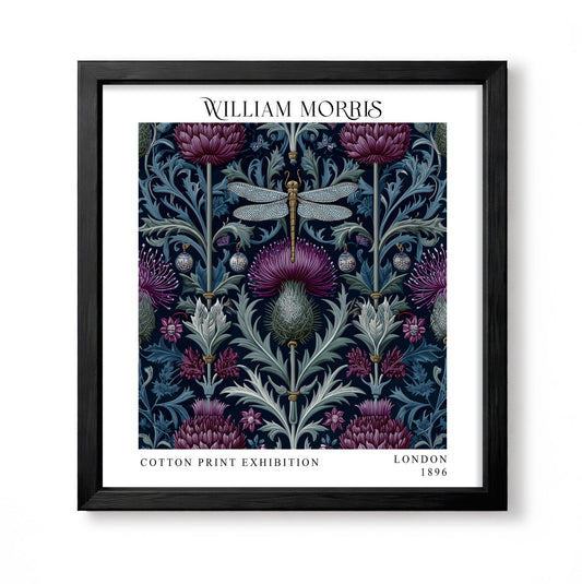 Square William Morris style botanical print with a central dragonfly, purple thistles and blue-green foliage on navy