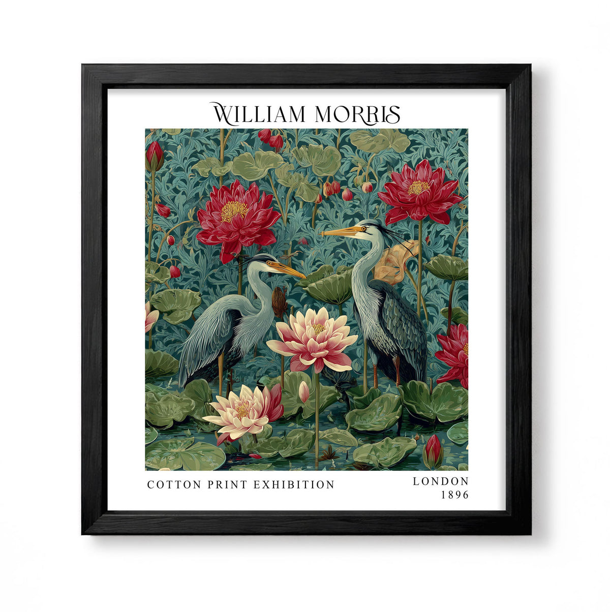 Square William Morris style botanical print with two herons among red and cream water lilies
