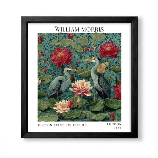 Square William Morris style botanical print with two herons among red and cream water lilies