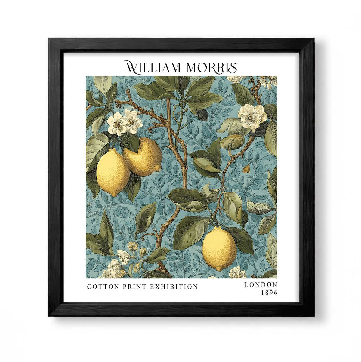 Square William Morris style botanical print with yellow lemons, white blossom and green foliage on blue