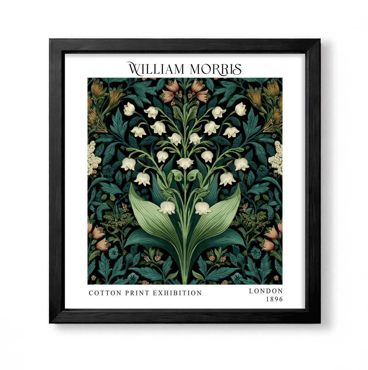 Square William Morris style botanical print with white lily of the valley flowers and deep green foliage