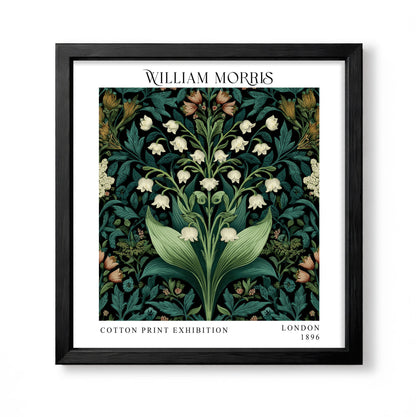 Square William Morris style botanical print with white lily of the valley flowers and deep green foliage
