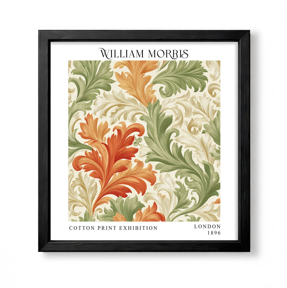 Square William Morris style decorative foliage print with orange, green and cream acanthus leaves