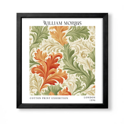 Square William Morris style decorative foliage print with orange, green and cream acanthus leaves