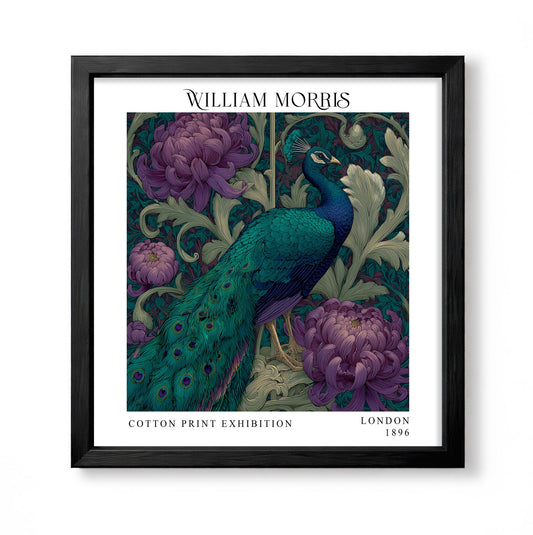 Square William Morris style botanical print with a teal peacock among large purple flowers