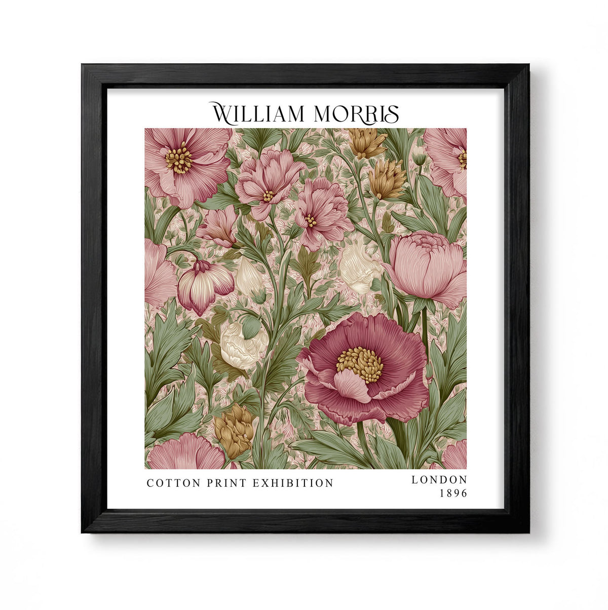 Square William Morris style botanical print with pink flowers, cream blooms and green foliage