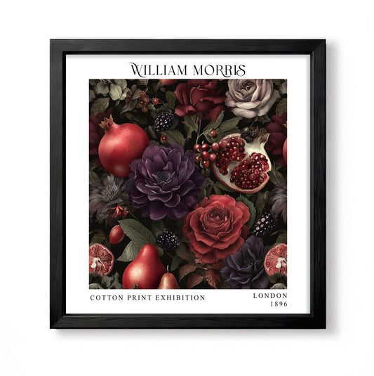 Square William Morris style botanical print with pomegranates, roses, berries and dark florals