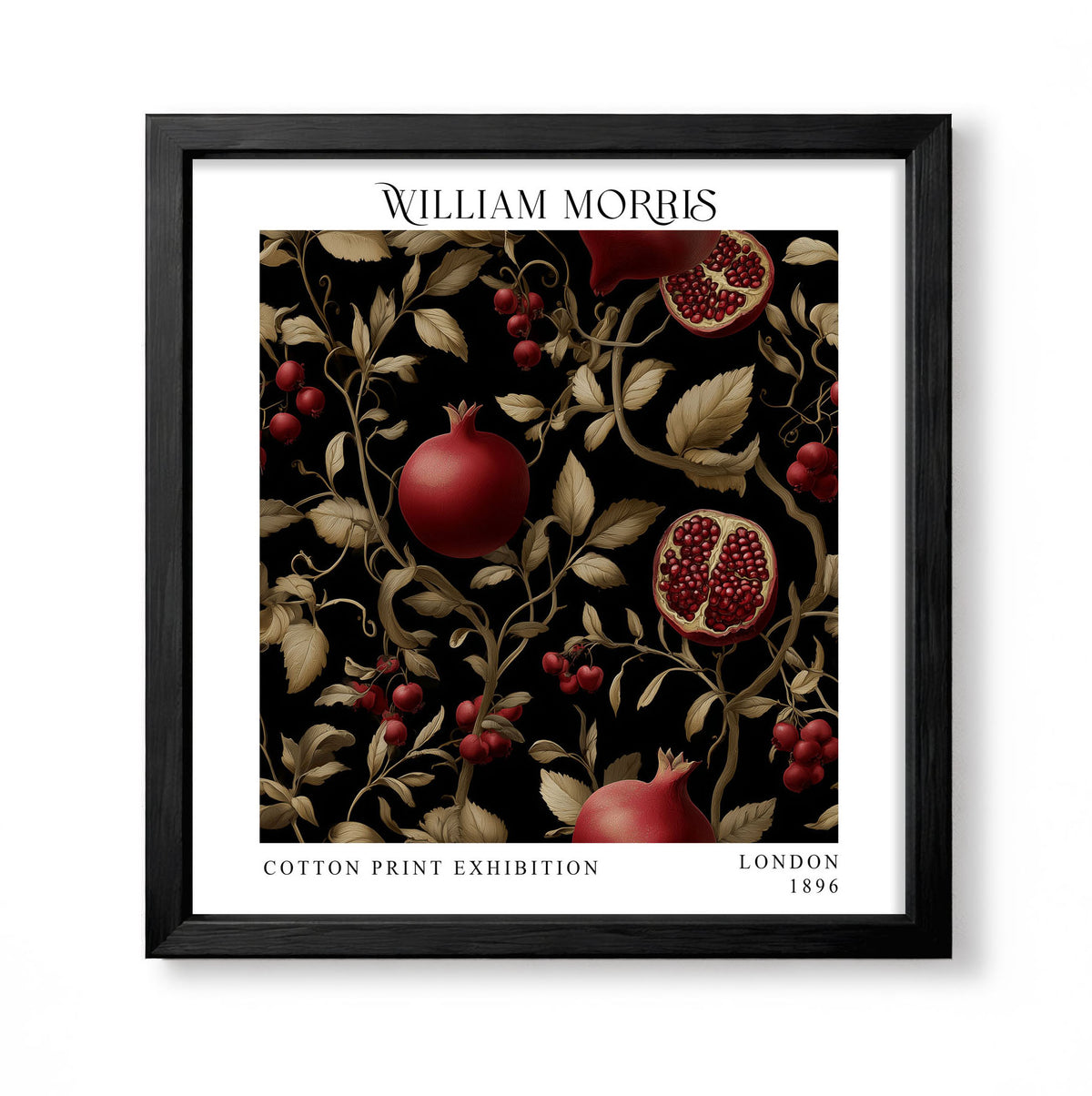 Square William Morris style botanical print with red pomegranates and golden vines on black