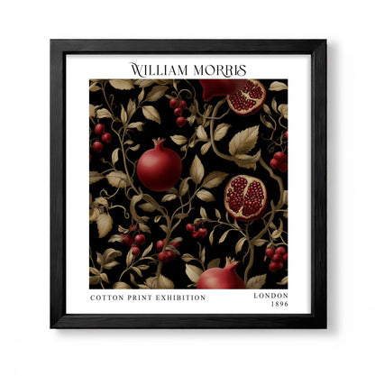 Square William Morris style botanical print with red pomegranates and golden vines on black