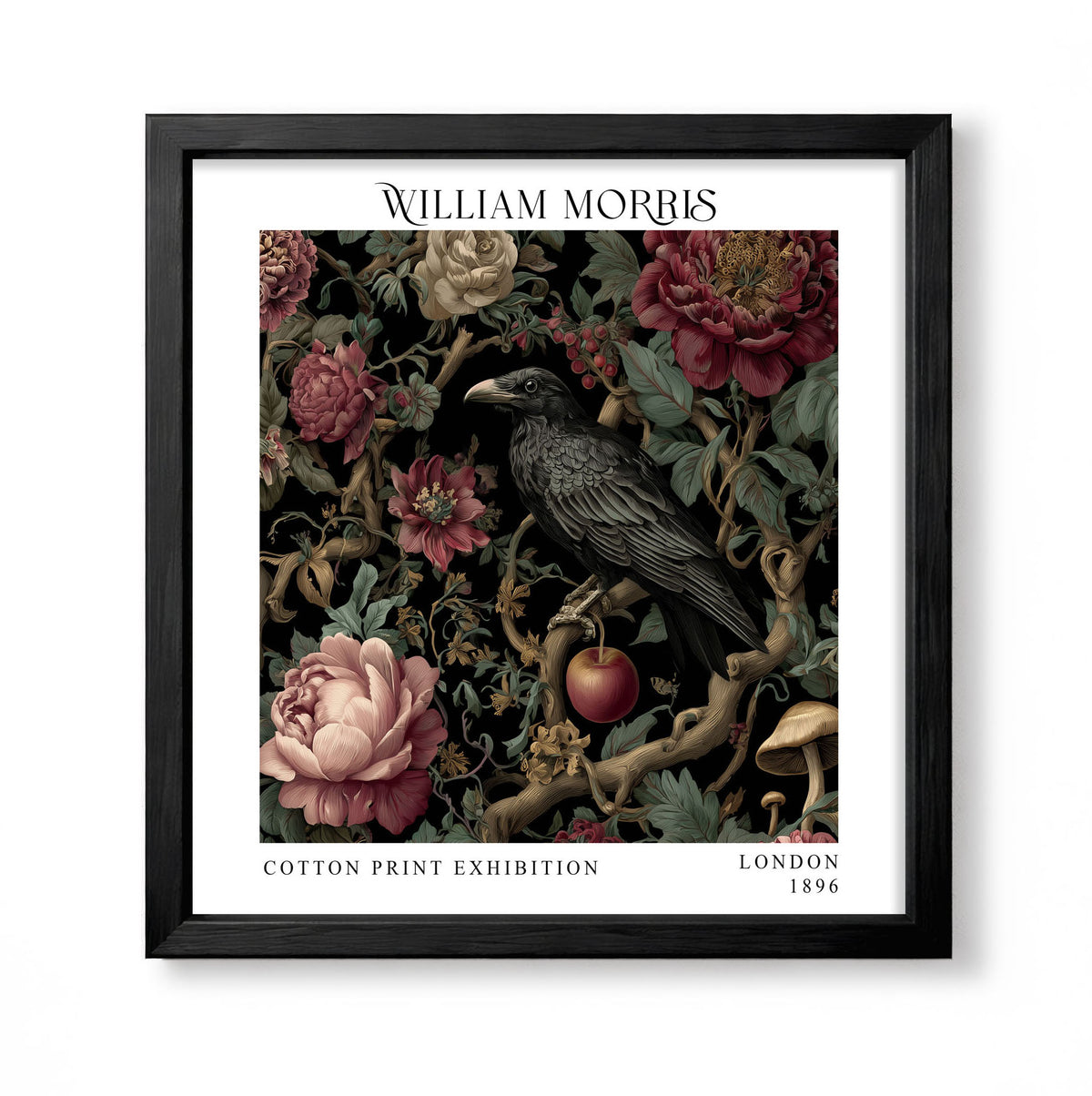 Square William Morris style gothic botanical print with a black raven, flowers, apple and mushrooms