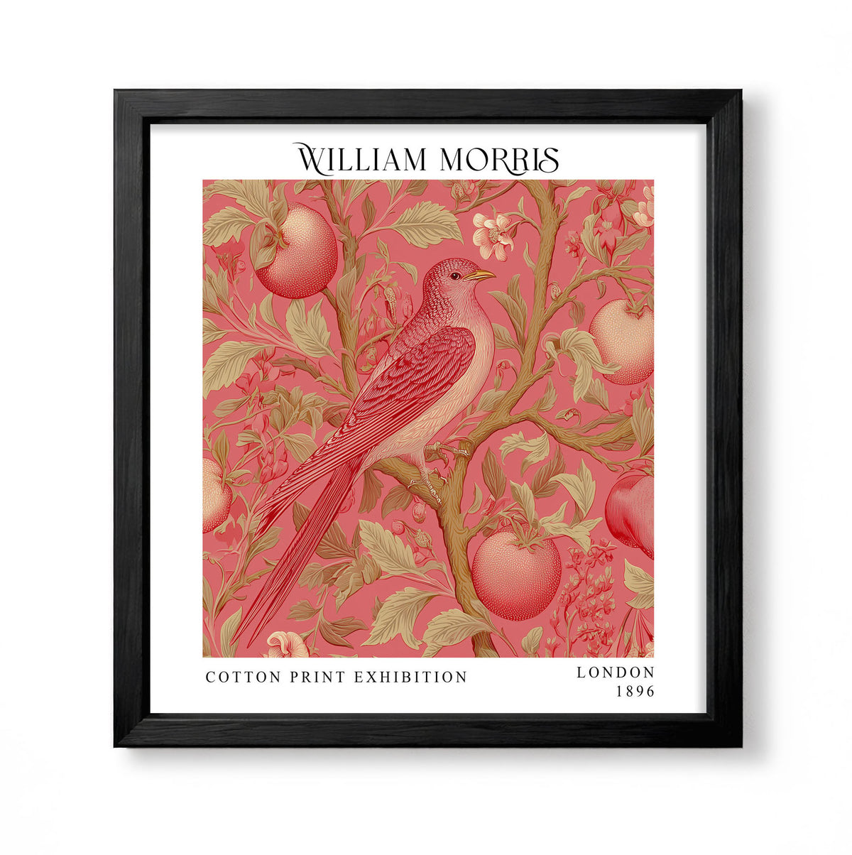 Square William Morris style botanical print with a red bird perched among apple tree branches on a coral pink background