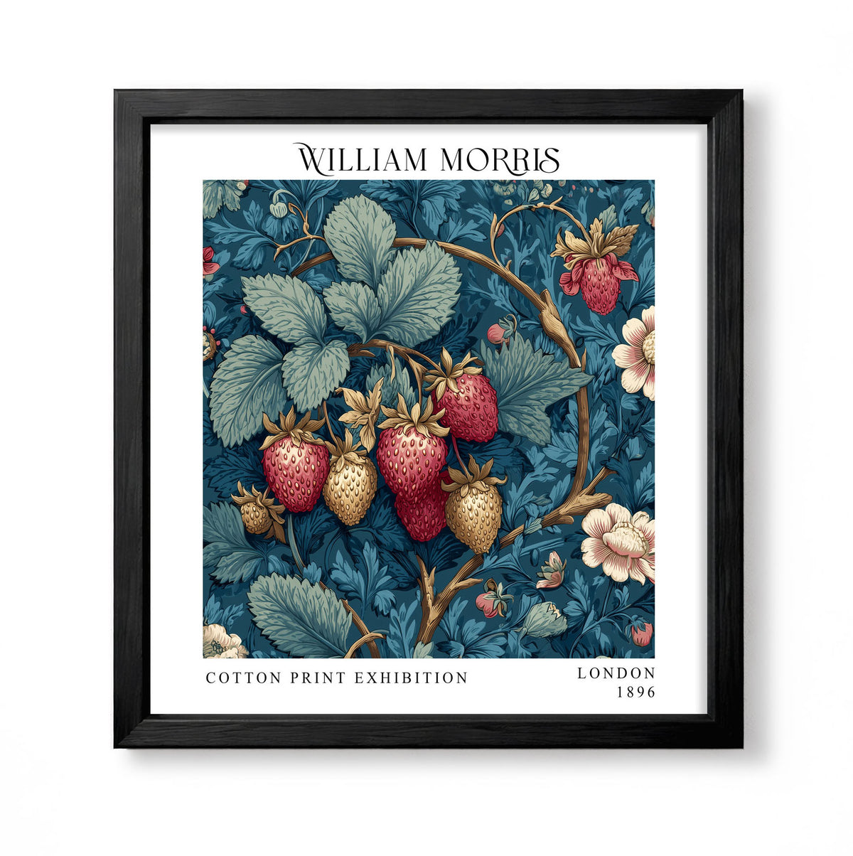 Square William Morris style botanical print with red and cream strawberries on blue foliage