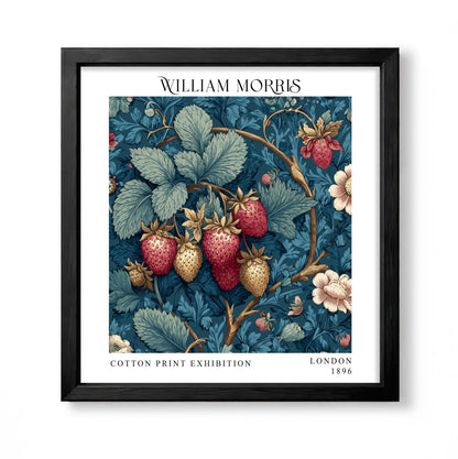 Square William Morris style botanical print with red and cream strawberries on blue foliage