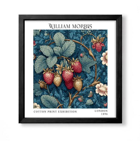 Square William Morris style botanical print with red and cream strawberries on blue foliage
