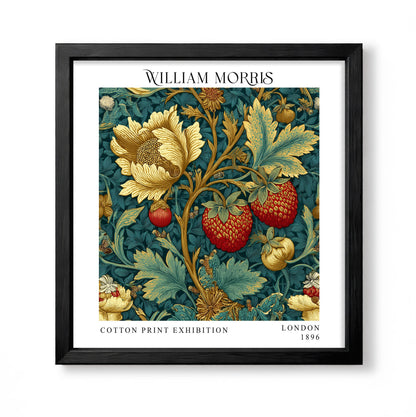 Square William Morris style botanical print with red strawberries, golden flowers and teal foliage