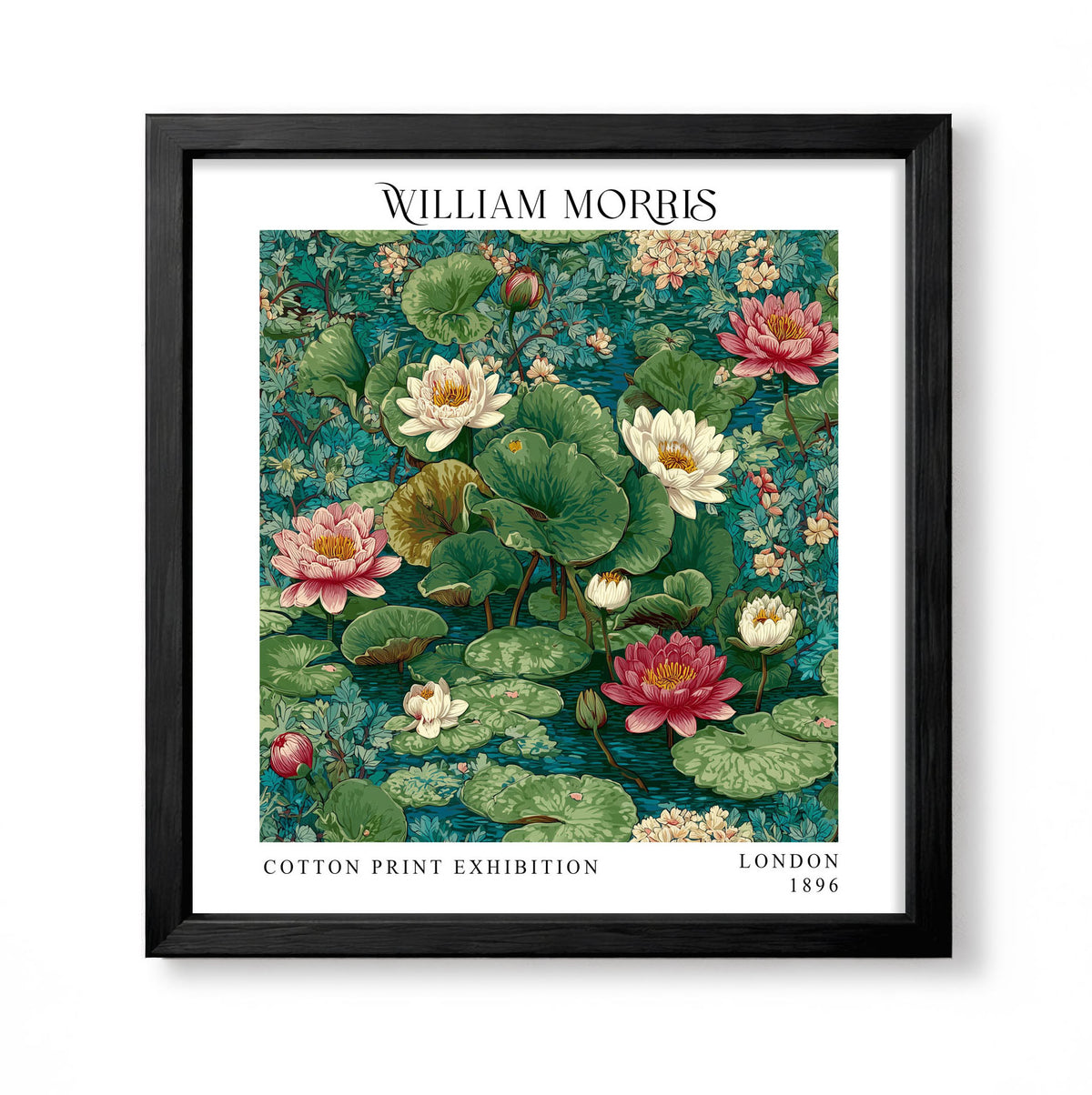 Square William Morris style botanical print with pink and white water lilies and green lily pads
