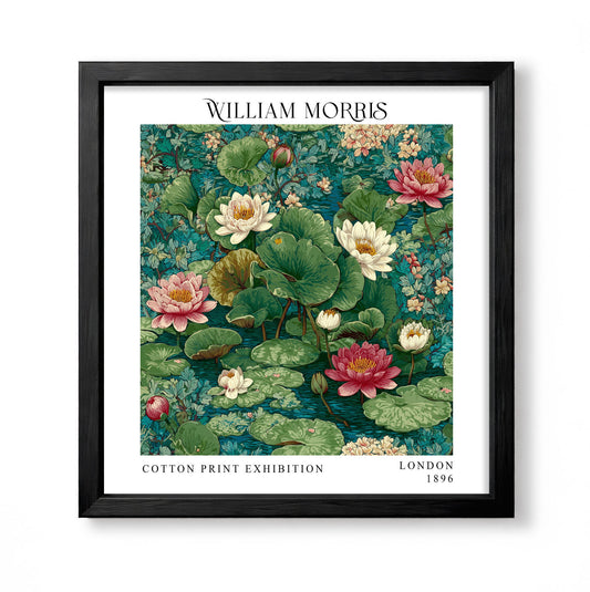 Square William Morris style botanical print with pink and white water lilies and green lily pads