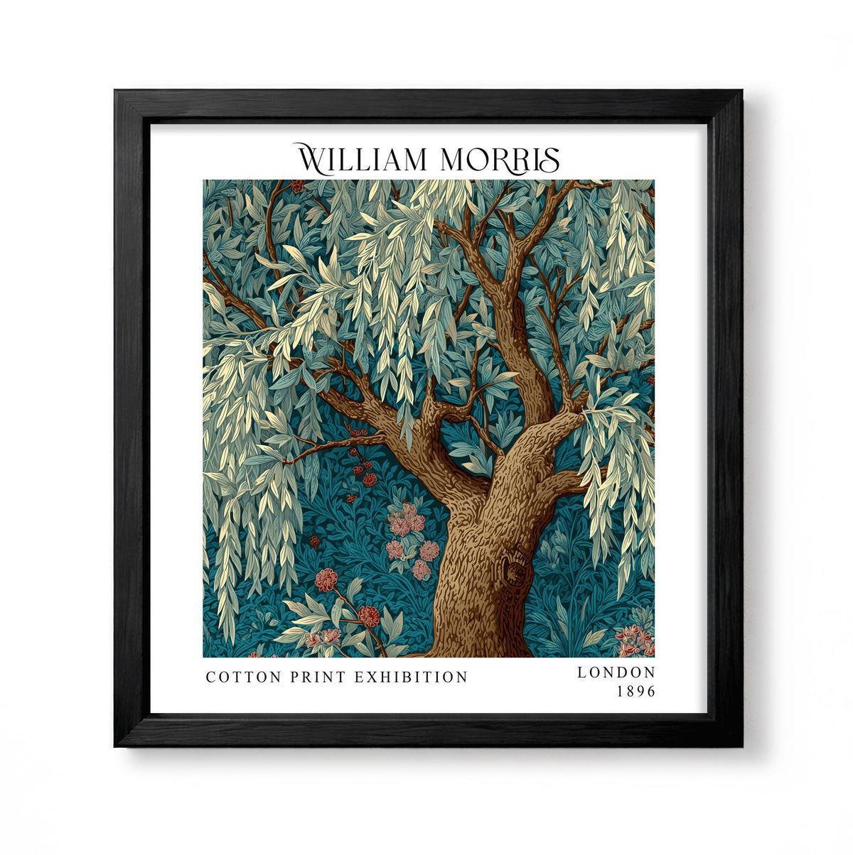 Square William Morris style botanical print with a large willow tree and layered teal foliage
