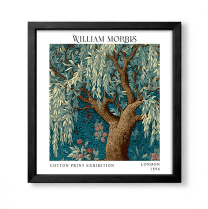 Square William Morris style botanical print with a large willow tree and layered teal foliage